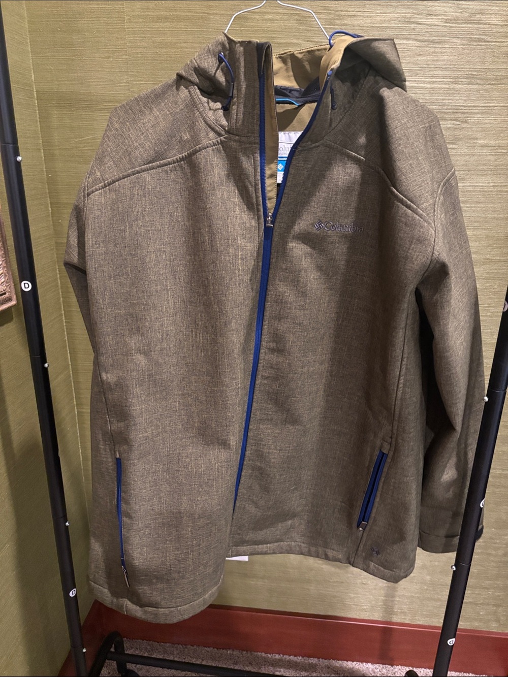 Columbia Olive Green Hooded Jacket with Blue Trim